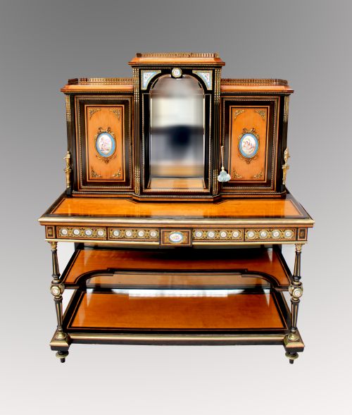 A Very Beautiful Victorian Satinwood Bonheur Du Jour with Porcelain Plaques