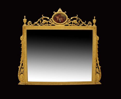 A Fantastic Large Regency Style Gilt Mirror with Painting Panel to the Top