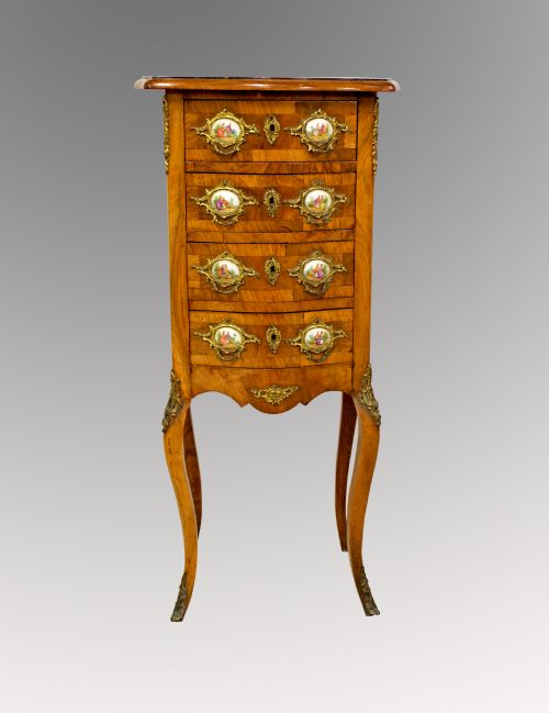 A Beautiful French Walnut Dour Draw Chest / Side Cabinet with Porcelain Plaques