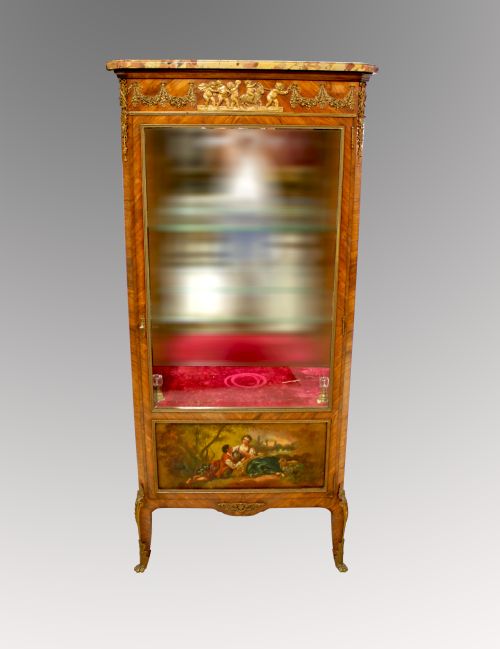 A Lovely Quality French Kingwood Marble Top Vernis Martin Vitrine Cabinet