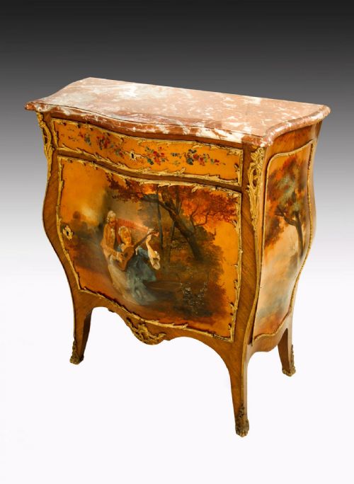 19th Century French Kingwood Marble Top Commode / Side Cabinet with Vernis Martin Painted Panels