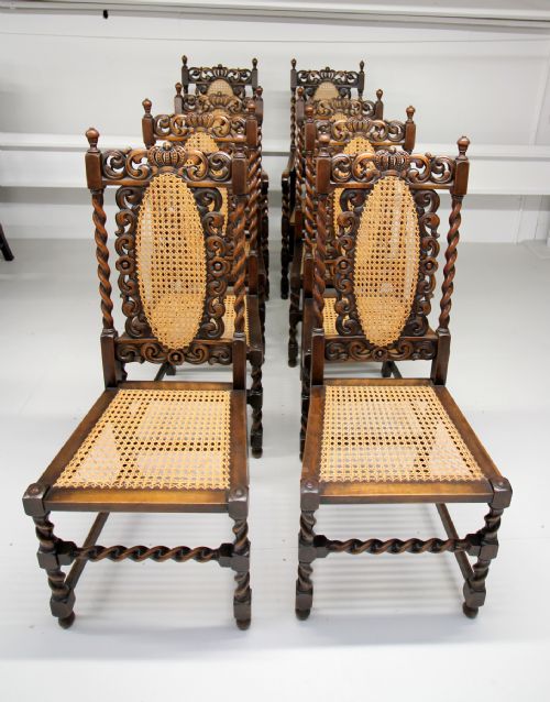 A Set of 8 Carved Walnut Barley Twist Chairs