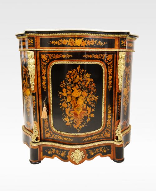 A Beautiful French Kingwood and Ebonised Marble Top Side Cabinet