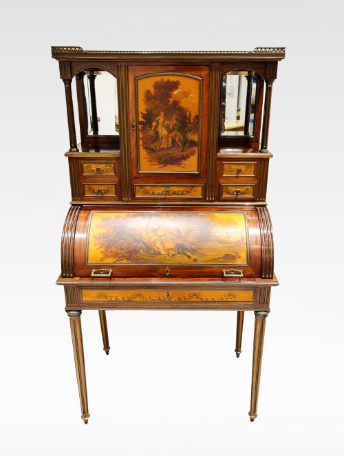 A Quality French Mahogany Vernis Martin Painted Bureau De Dame with Super Structure Signed H Lebrun