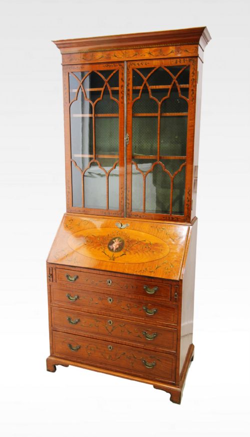 A Beautiful 19th Century Satinwood Painted Bureau Bookcase