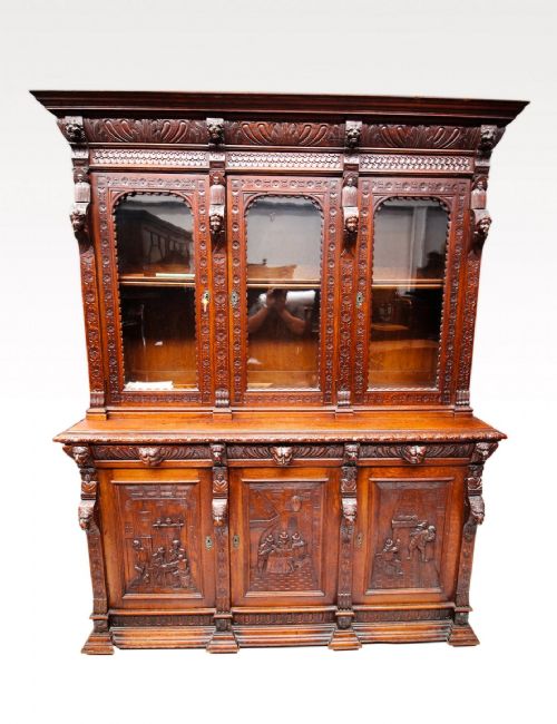 19th Century Carved Oak Three Door Bookcase