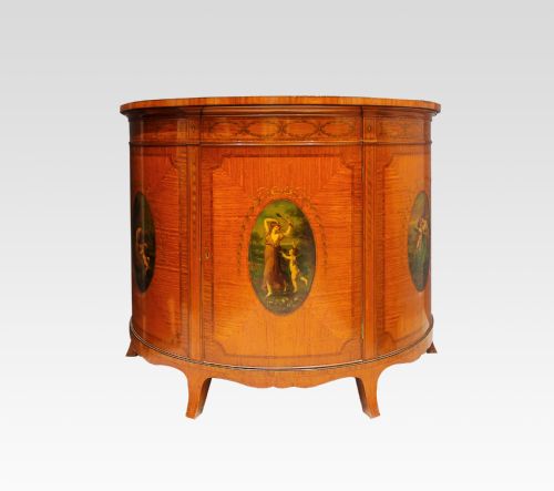 A Victorian Satinwood Painted Demi Lune Side Cabinet / Commode in the Manner Wright & Mansfield