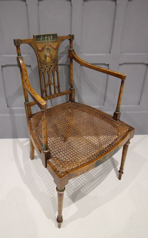 Edwardian Sheraton Revival Satinwood Painted Arm Chair