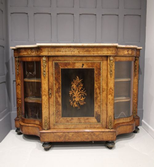 Victorian Walnut & Marquetry Inlaid Marble Top Credenza