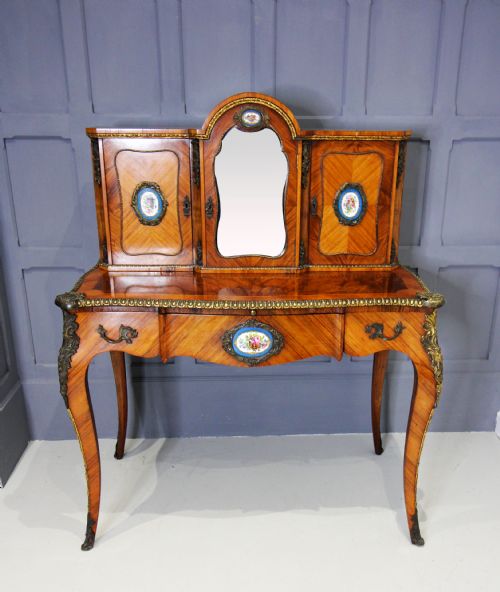 French Kingwood & Walnut Bonheur Du Jour / Writing Desk with Porcelain Plaques
