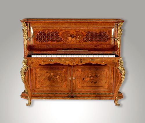 A Stunning Burr Walnut, Marquetry & Ormolu Mounted Upright Piano by Julius Bluthner