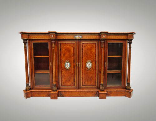 Victorian Burr Walnut Credenza / Side Cabinet with Porcelain Plaques