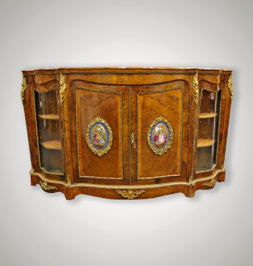 Victorian Burr Walnut & Marquetry Inlaid Four Door Credenza with Porcelain Plaques