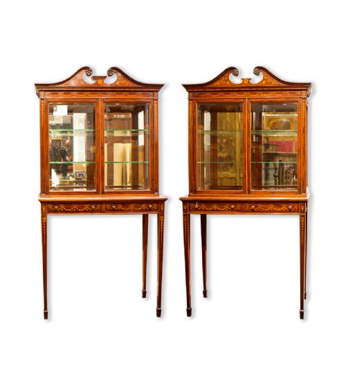 A Beautiful Pair of Mahogany Inlaid Cabinet on Stands
