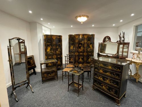 A Stunning 11 Piece Black Lacquered Chinoiserie Bedroom Suite