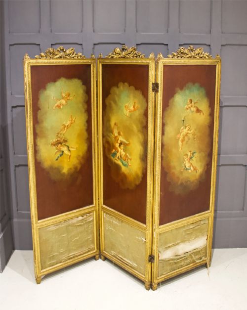 A Beautiful Carved Giltwood 3 Fold Hand Painted Screen