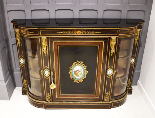 19th Century Ebonised & Ormolu Mounted Credenza / Side Cabinet with Porcelain Plaques