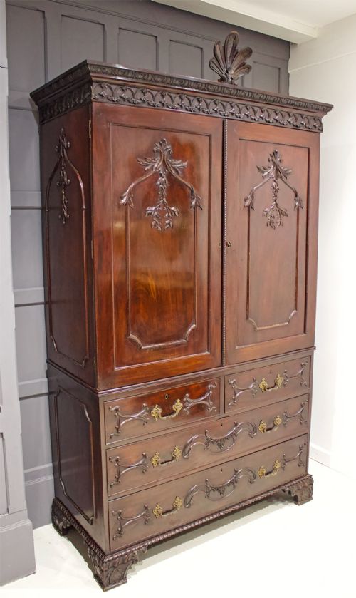 A Beautiful 19th Century Mahogany Chippendale Style Linen Press