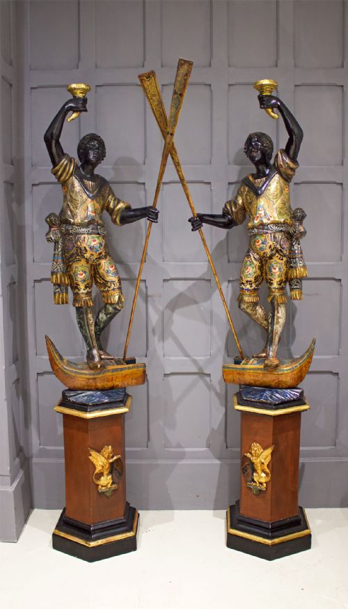 19th Century Pair of Venetian Polychrome-painted Blackamoor Stands