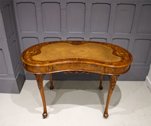 Burr Walnut & Marquetry Inlaid Kidney Shaped Desk