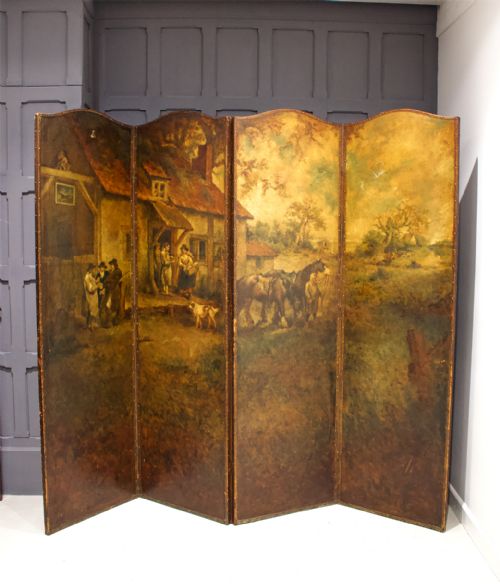 19th Century Four Leather Painted Panel Screen