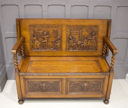 Carved Oak Monks Bench