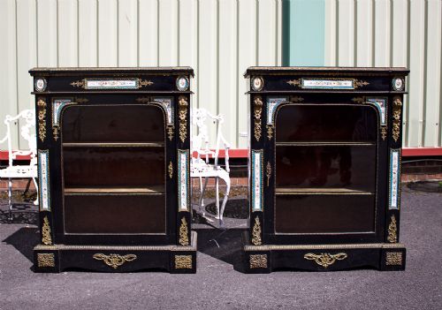 Pair of 19th Century Ebonised Pier Cabinets with Porcelain Plaques