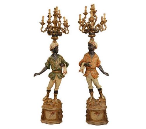 A Beautiful Pair of Carved Painted Blackamoor Candelabra Stands