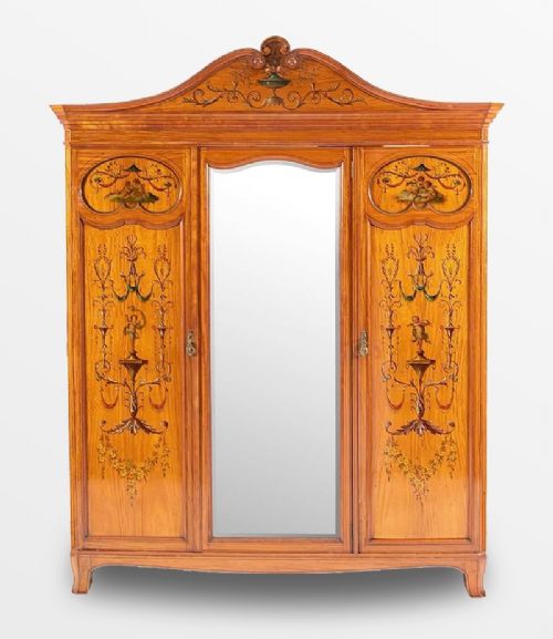 A Beautiful Edwardian Satinwood Painted Wardrobe
