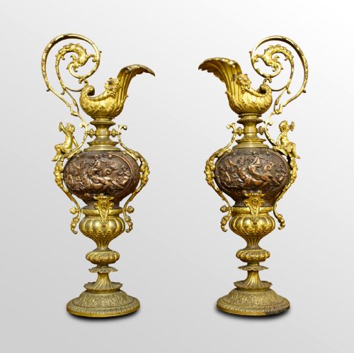 French Pair of Gilt Metal & Bronze Ewers