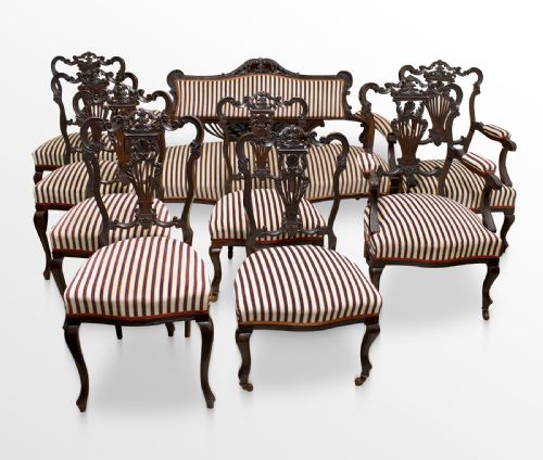 Edwardian Carved Mahogany Nine Piece Parlour Suite