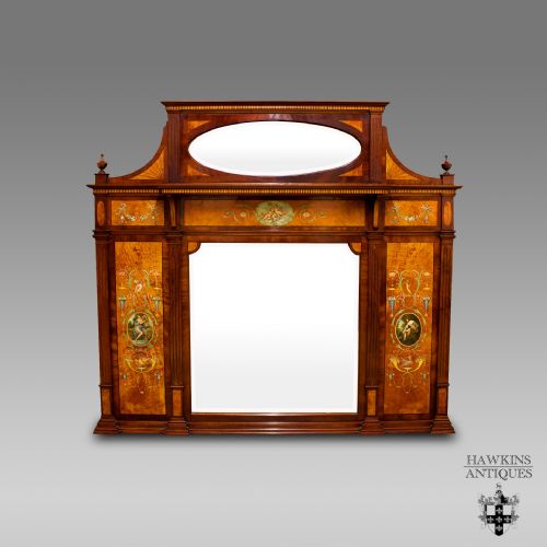 Edwardian Mahogany & Satinwood Painted Overmantel Mirror
