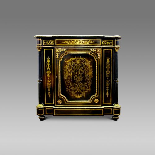 19th Century Marble Top Ebonised & Brass Inlaid Side Cabinet