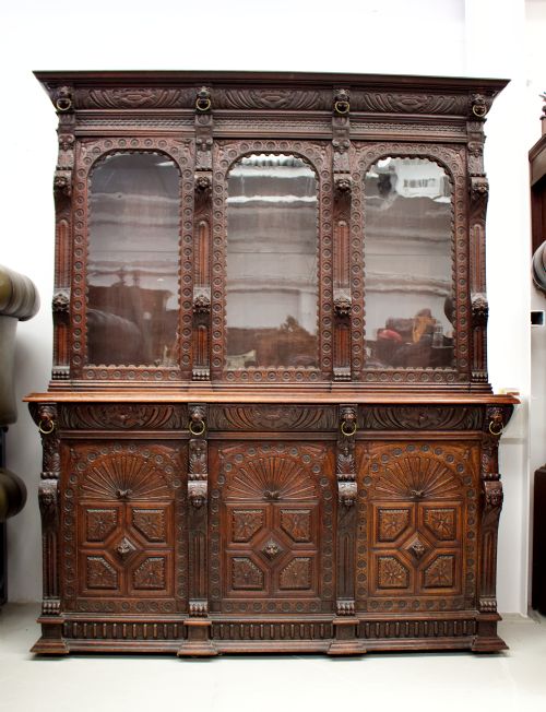 19th Century Three Door Carved Oak Bookcase