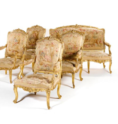 19th Century Louis Xv Style Carved Giltwood 5-Piece Salon Suite - Aubusson Tapestry