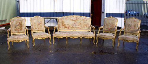 fig 1. 19th Century Louis XV Style Carved Giltwood 5-Piece Salon Suite - Aubusson Tapestry