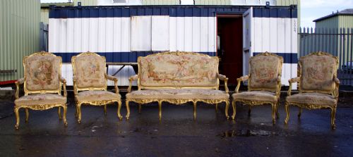 fig 2. 19th Century Louis XV Style Carved Giltwood 5-Piece Salon Suite - Aubusson Tapestry