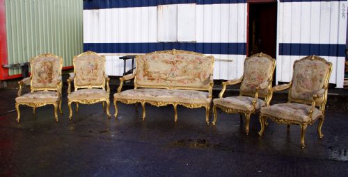 fig 3. 19th Century Louis XV Style Carved Giltwood 5-Piece Salon Suite - Aubusson Tapestry