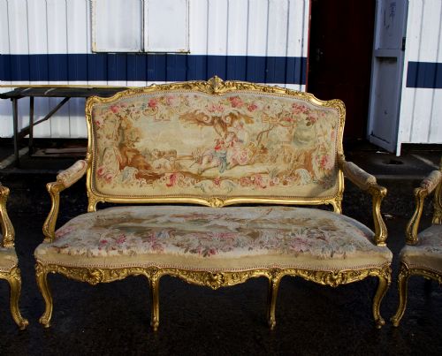 fig 4. 19th Century Louis XV Style Carved Giltwood 5-Piece Salon Suite - Aubusson Tapestry