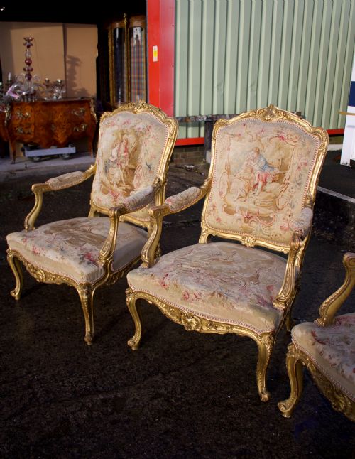 fig 8. 19th Century Louis XV Style Carved Giltwood 5-Piece Salon Suite - Aubusson Tapestry