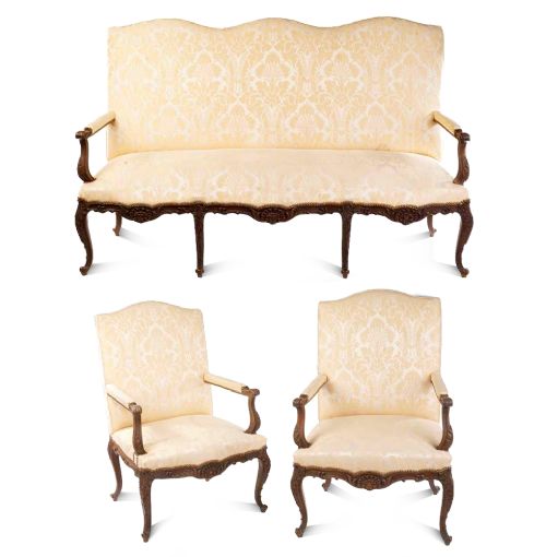 Antique French Carved Oak Salon Suite - Settee & Two Chairs