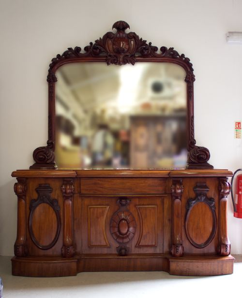 fig 1. Large Antique Victorian Ornate Carved Mahogany Mirror Back Sideboard