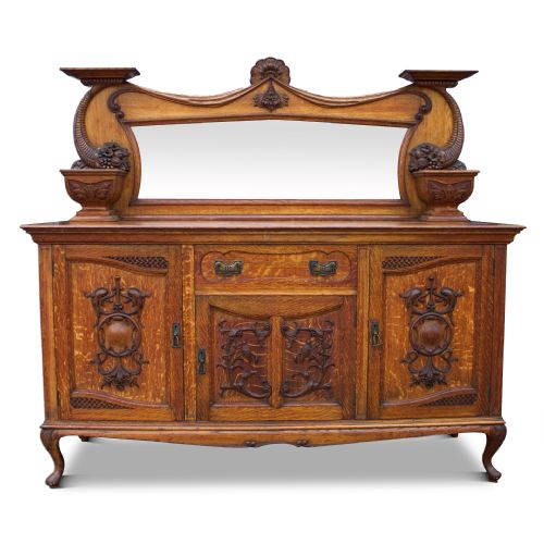 Antique Scottish Elegance: 19th Century Carved Oak Mirror Back Sideboard by James Simpson & Sons, Glasgow