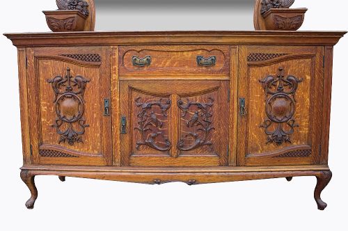 fig 1. Antique Scottish Elegance: 19th Century Carved Oak Mirror Back Sideboard by James Simpson & Sons, Glasgow