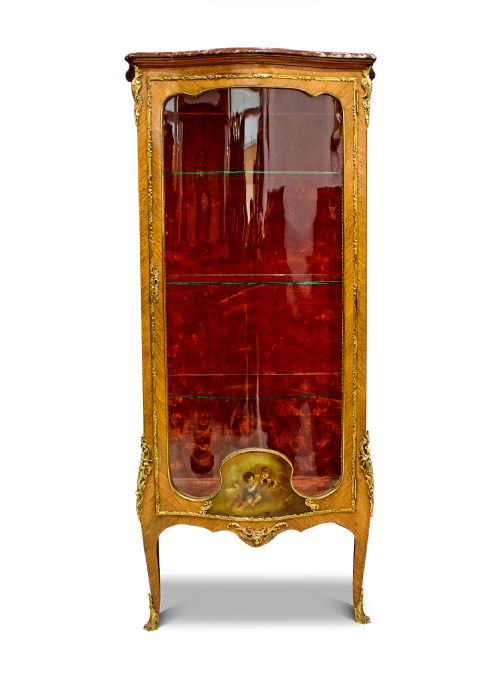 Elegant Antique French Vitrine Cabinet: Kingwood, Vernis Martin, Marble, and Ormolu