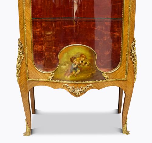 fig 1. Elegant Antique French Vitrine Cabinet: Kingwood, Vernis Martin, Marble, and Ormolu