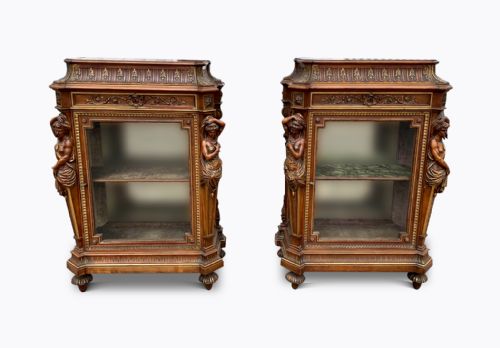 Rare Stunning Pair of 19th Century Carved Walnut & Gilt Side Cabinets