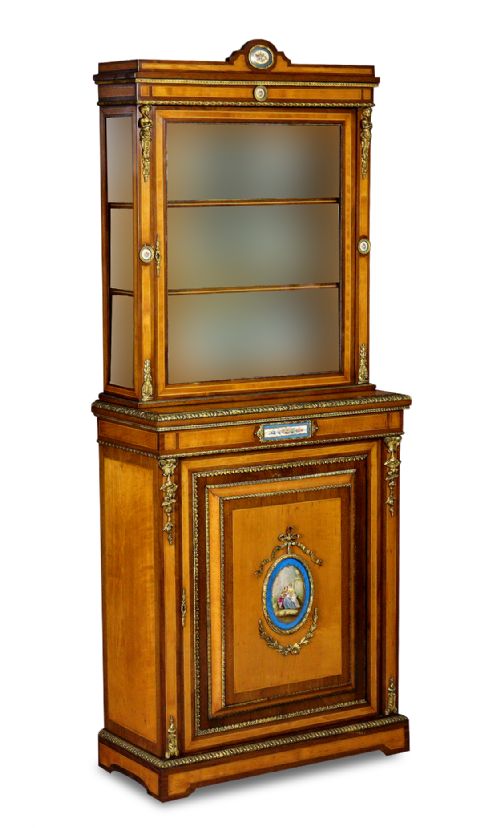 fig 2. 19th Century Satinwood Display Cabinet with Ormolu Mounts & Porcelain Plaques