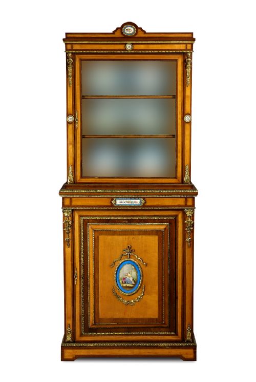 fig 1. 19th Century Satinwood Display Cabinet with Ormolu Mounts & Porcelain Plaques