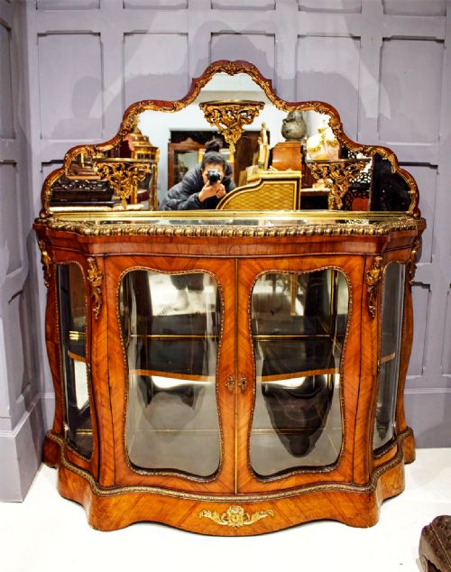 fig 1. Exceptional Antique Kingwood Side Cabinet with Mirrored Top - Rare Shape and Form